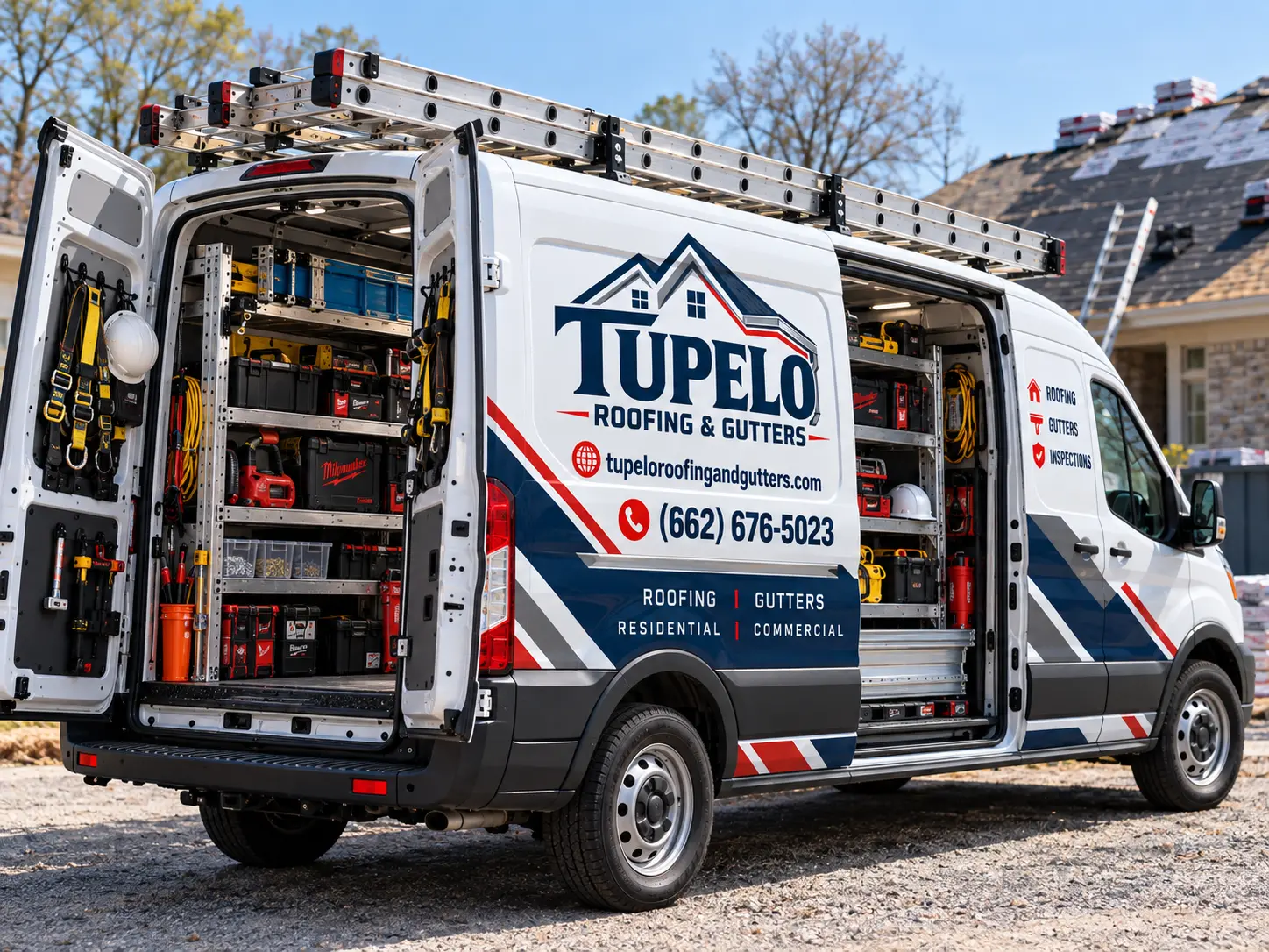 Open Tupelo Roofing & Gutters van showing organized tools, power equipment and fall protection gear at a roofing job site