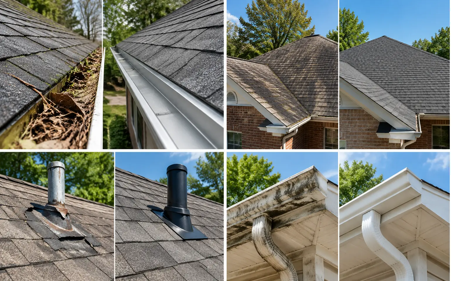 Before and after grid: clogged gutter and new clean gutter, moss-covered roof and new roof, rusted vent flashing and new pipe boot, stained gutter corner and new white gutter