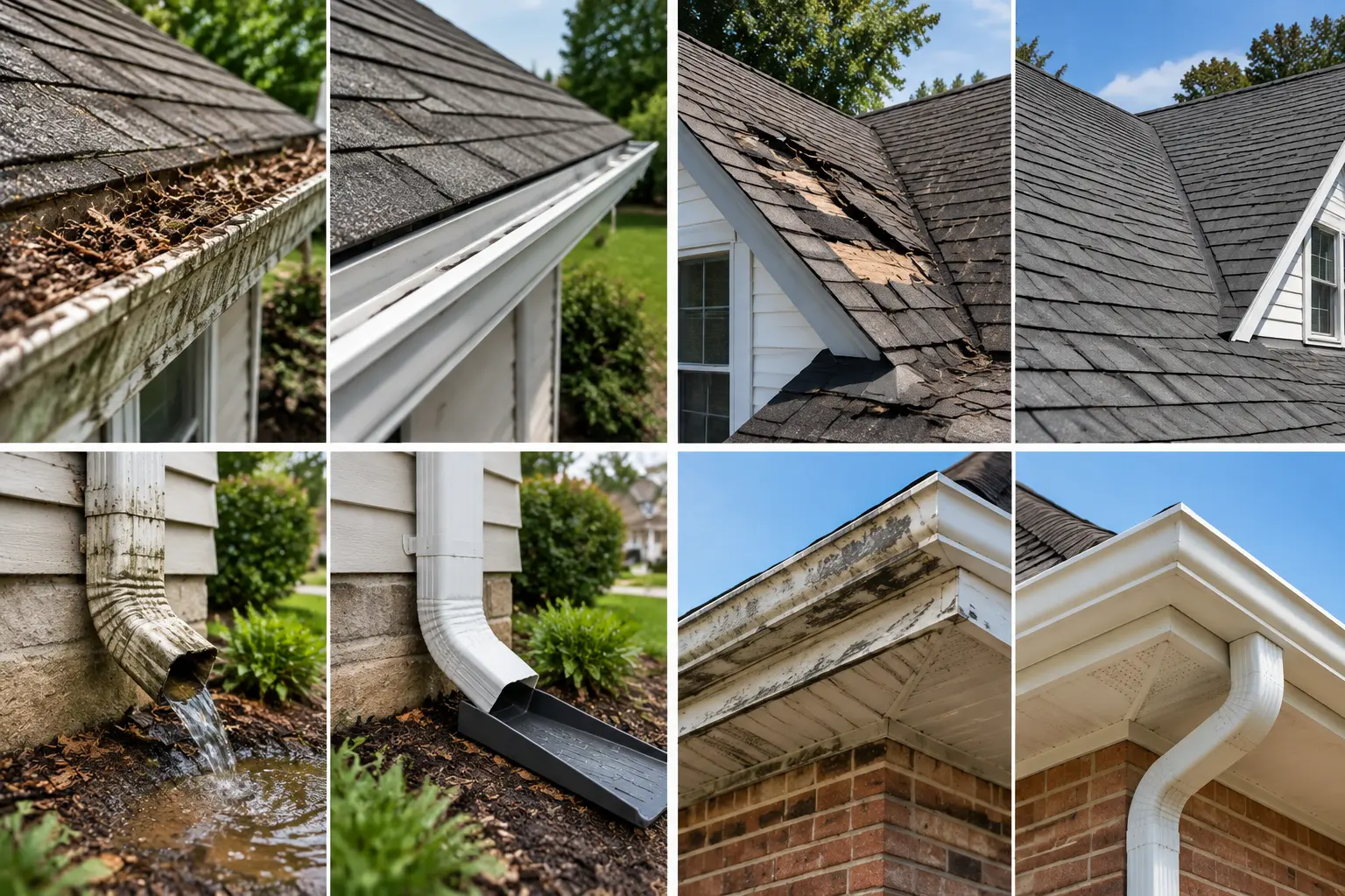 Before and after grid: debris-filled gutter and new gutter, torn shingles and new shingles, stained downspout and new downspout with splash guard, peeling gutter corner and new white gutter on brick