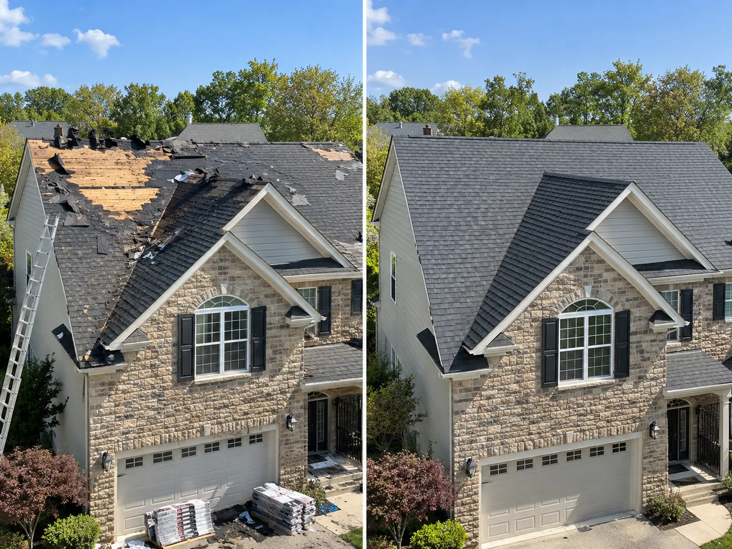 Before and after: stone-front two-story home with the old shingles torn off to bare decking on the left and a new architectural shingle roof on the right