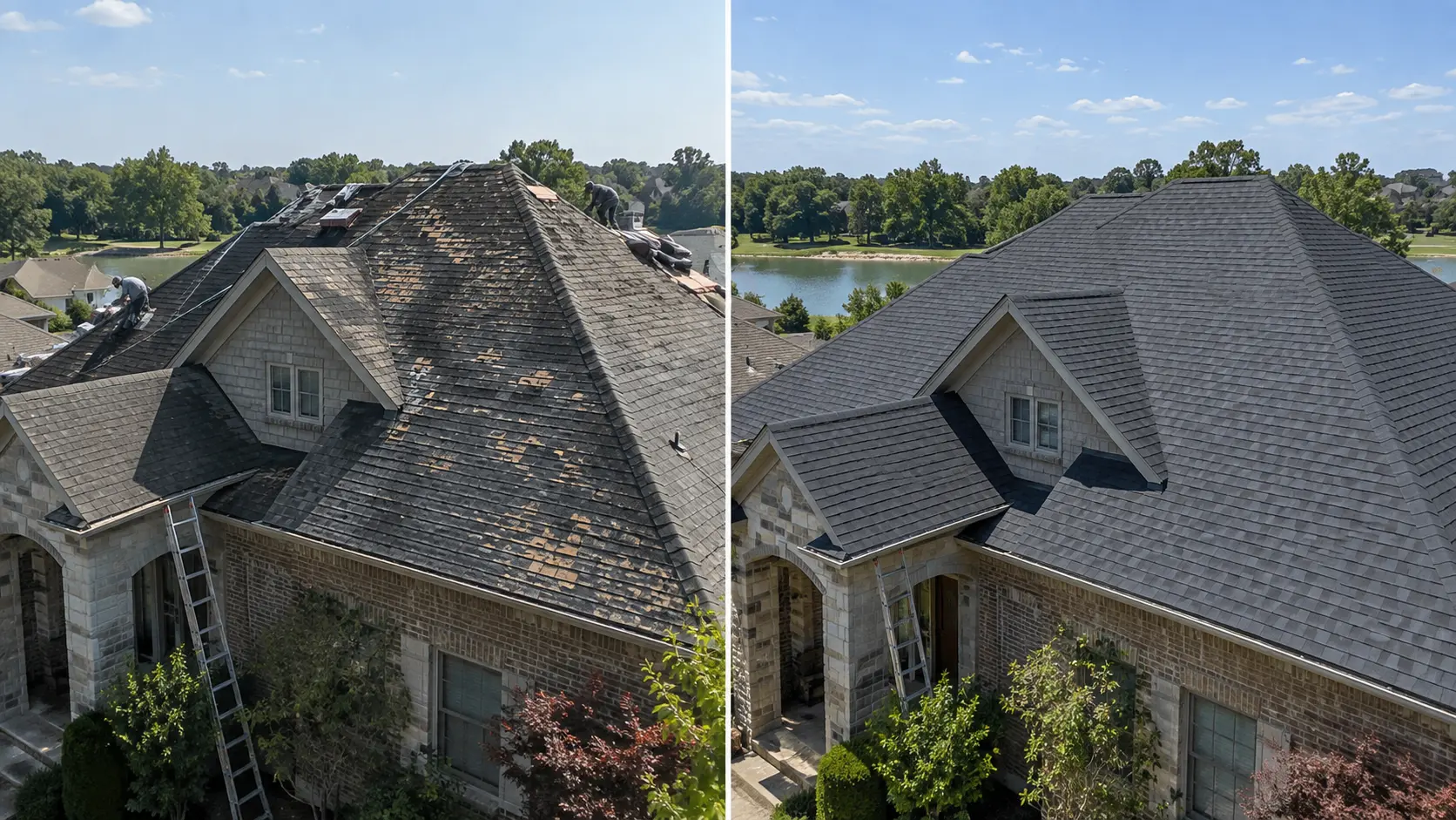 Before and after: moss-stained, patchy shingle roof on a brick home beside a pond on the left and a new dark architectural shingle roof on the right